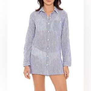 Ralph Lauren Blue and White Striped Swimsuit Cover-up Shirt Sz XL
